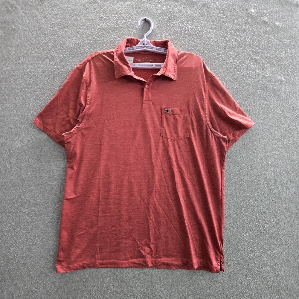 Vineyard Vines Men Polo L Red Embroidered Performance Logo Pocket Short Sleeve